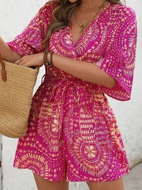 Hot Pink Boho Print Wrap Romper (NO BELT)